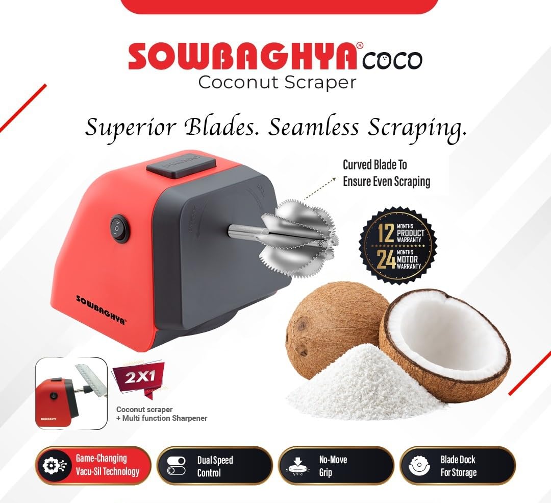 Sowbaghya Coco 2-in-1 Electric Coconut Scraper & Knife Sharpener | Powerful Motor | Fresh Coconut Grating at Home | Compact & Easy to Clean | 1 Year Warranty