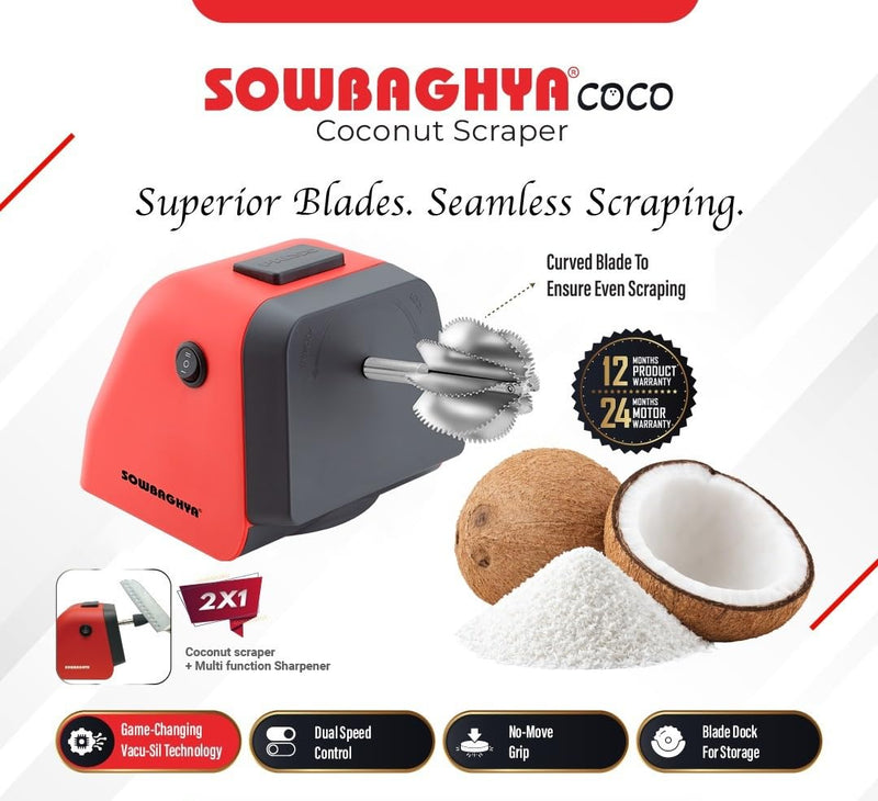 Sowbaghya Coco 2-in-1 Electric Coconut Scraper & Knife Sharpener | Powerful Motor | Fresh Coconut Grating at Home | Compact & Easy to Clean | 1 Year Warranty