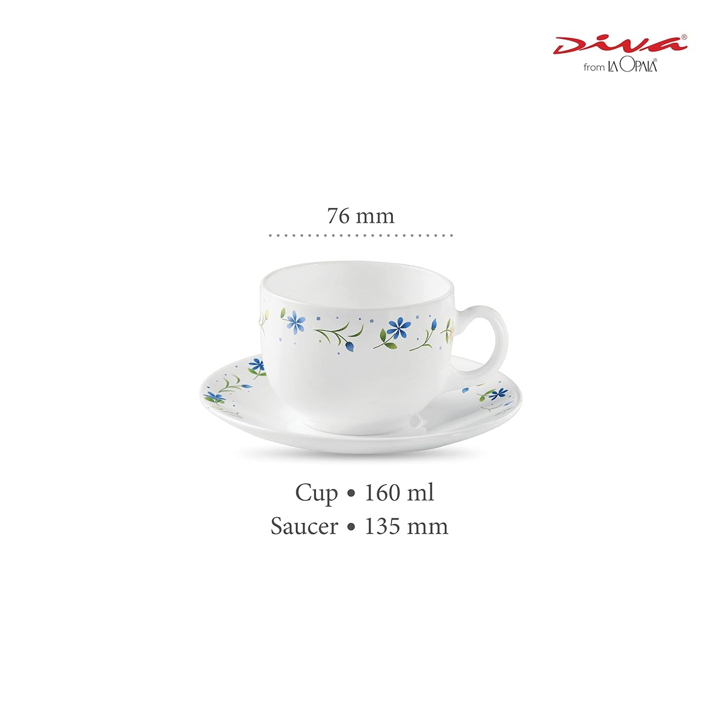 La Opala Diva, Opal Glass Crockery | Cup & Saucer Iris Regular, Set of 12 | Twilight Bouquet, 160 ml | for Tea & Coffee | Microwave Safe | 100% Vegetarian | Extra Strong | Super Light | Super White