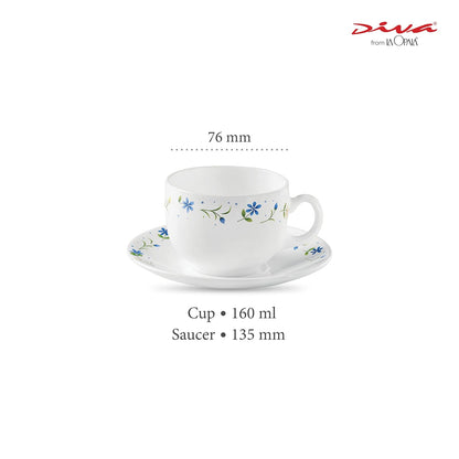 La Opala Diva, Opal Glass Crockery | Cup & Saucer Iris Regular, Set of 12 | Twilight Bouquet, 160 ml | for Tea & Coffee | Microwave Safe | 100% Vegetarian | Extra Strong | Super Light | Super White