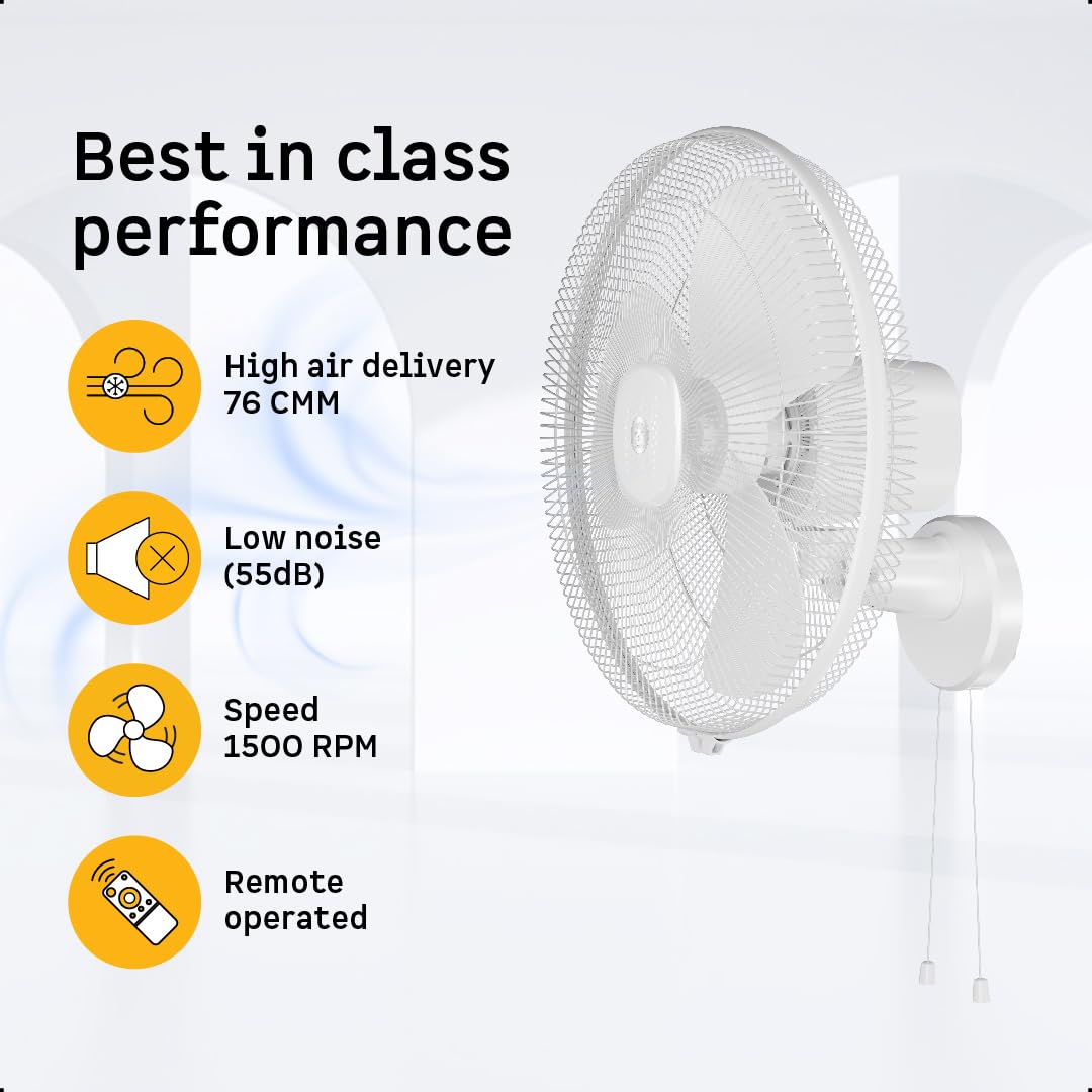 atomberg Renesa 400mm Wall Mount Fan | 5-star rated | Ideal for Home & Office | Silent BLDC Fan | 6 Speeds | 35W | Remote with Oscillation, Timer, Sleep | 2 Years Warranty (Snow White)