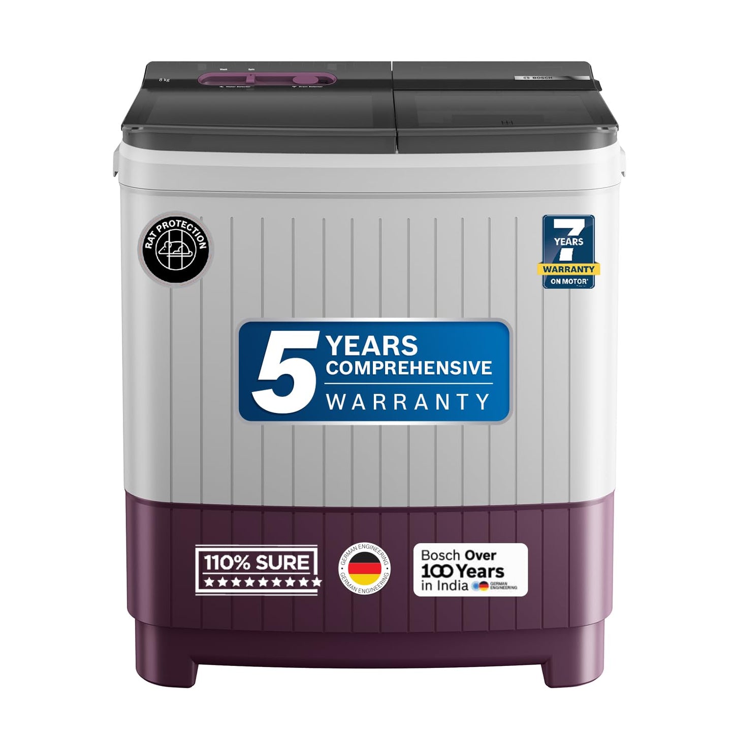 Bosch 8 kg 5 Star Semi-Automatic Top Loading Washing Machine (2025 Model, WJP802V0IN, 3 Wash Programs, Anti-Rust Body, 1300 RPM Spin Speed, Wine, 5 Years Comprehensive Warranty)