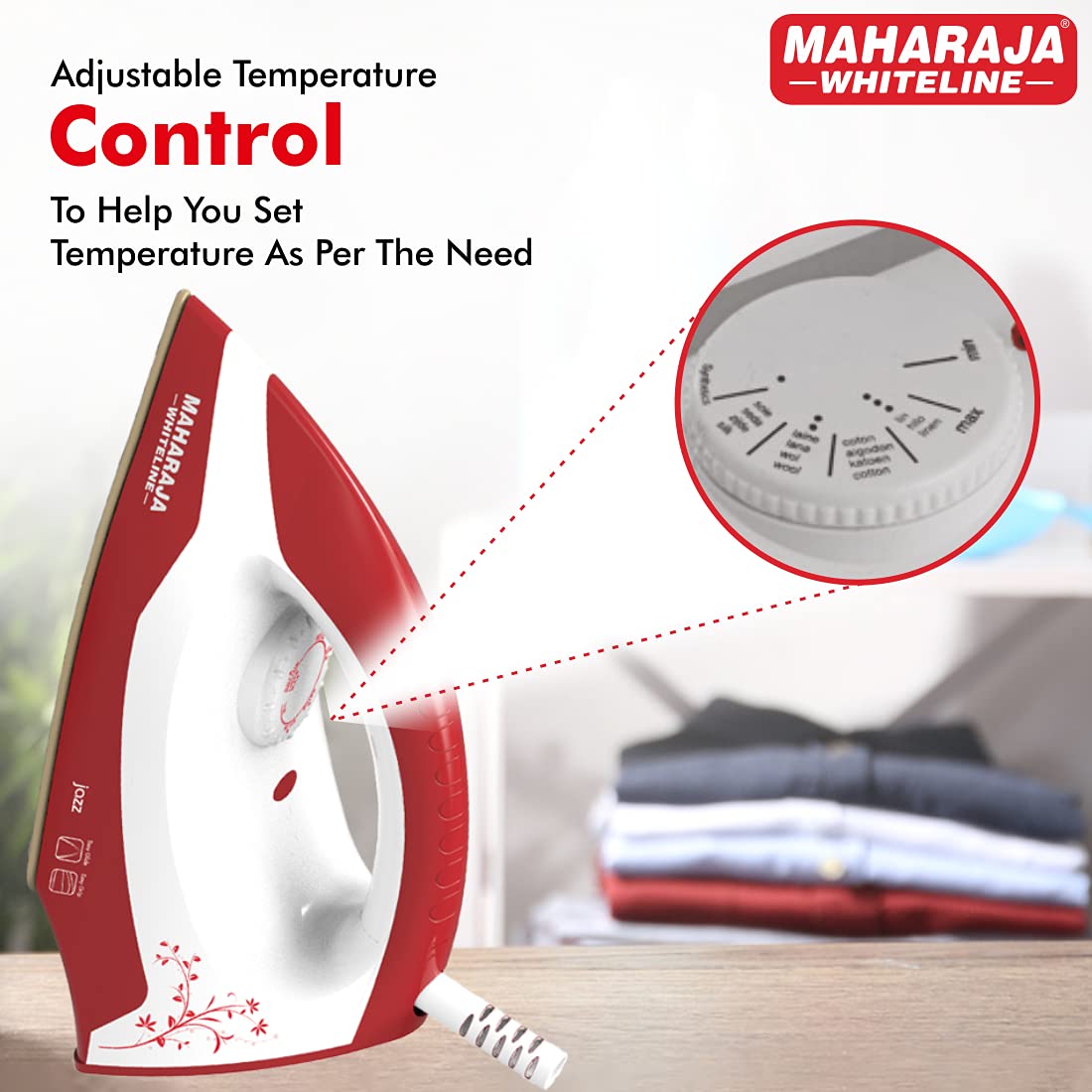 Maharaja Whiteline Jazz Dry Iron, 1000 Watt, Red and White (DI-127)