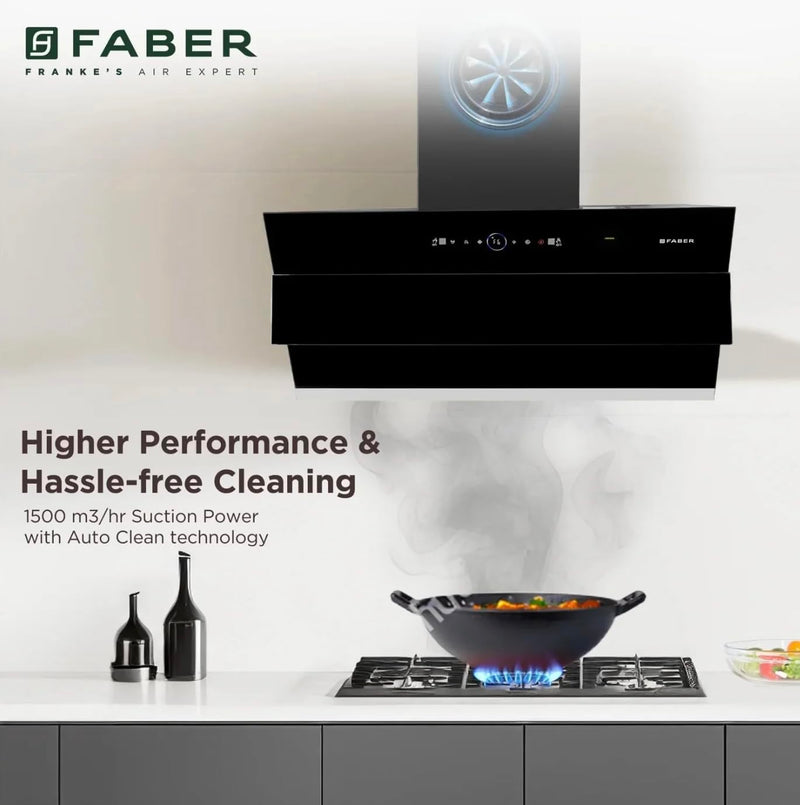 Faber Comet 90cm 1600m³/hr BLDC Autoclean Filterless Slant Chimney| Built In Oil Collector|Touch & Gesture Control| 12Yr
