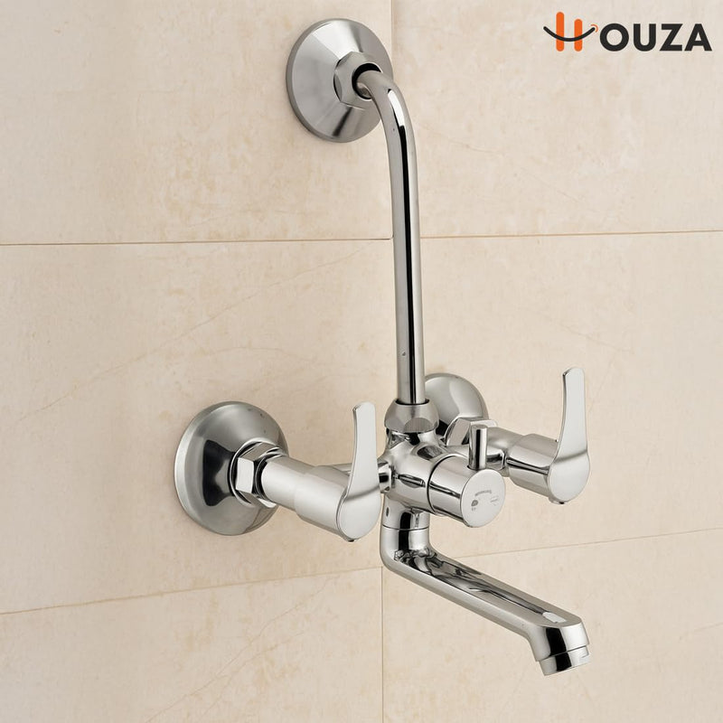HOUZA Brass Wall Mixer for Bathroom 2 in 1 with L-Bend Provision for Overhead Shower | Hot & Cold Water Wall Mixer Tap for Bathroom | Chrome Finish