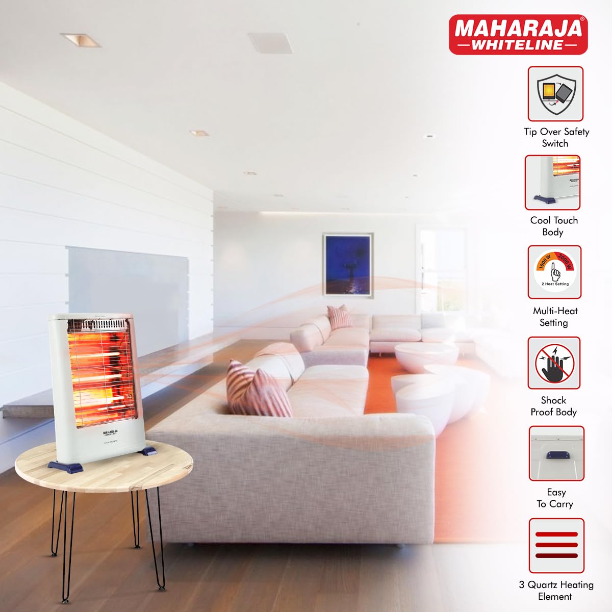 Maharaja Whiteline Lava Quartz Adjustable Room Heater, 3 Quartz Heating Elements, 1200 watt - 1 Year Warranty (White)