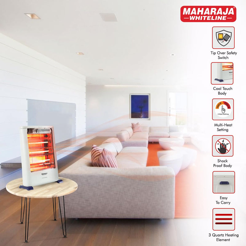 Maharaja Whiteline Lava Quartz Adjustable Room Heater, 3 Quartz Heating Elements, 1200 watt - 1 Year Warranty (White)