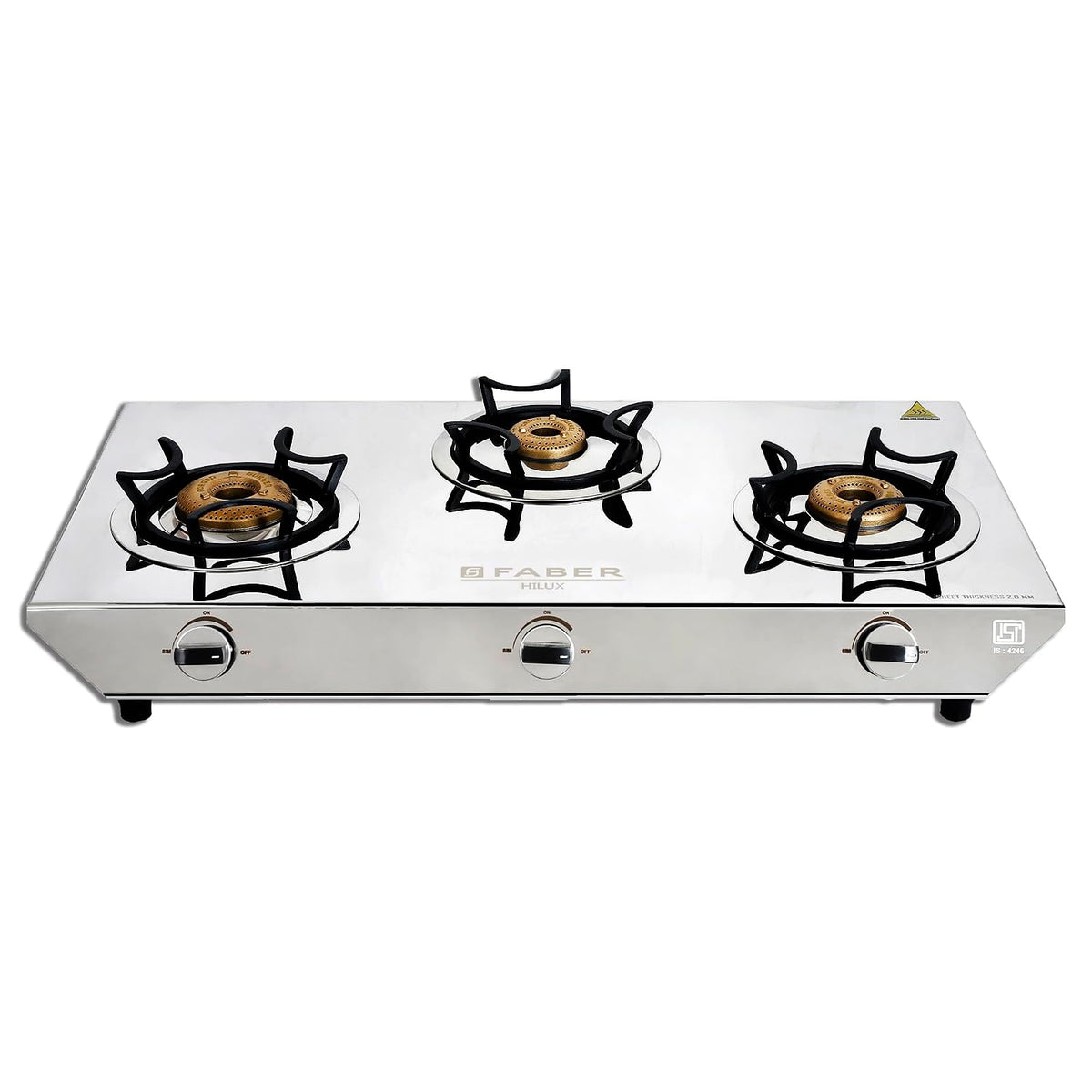 Faber Hilux 3 Burner SS Gas Stove | 1 Jumbo + 1 Medium + 1 Small | Anti-Skid Legs | Drip Tray | 360° Nozzle | Nylon Knob
