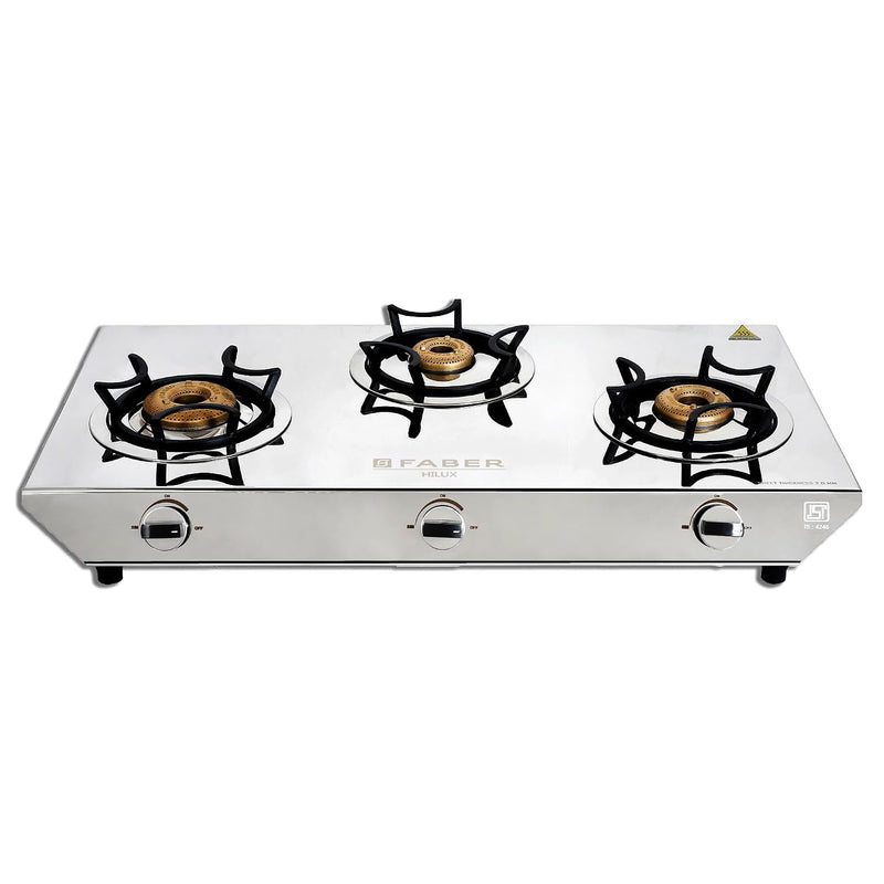 Faber Hilux 3 Burner SS Gas Stove | 1 Jumbo + 1 Medium + 1 Small | Anti-Skid Legs | Drip Tray | 360° Nozzle | Nylon Knob
