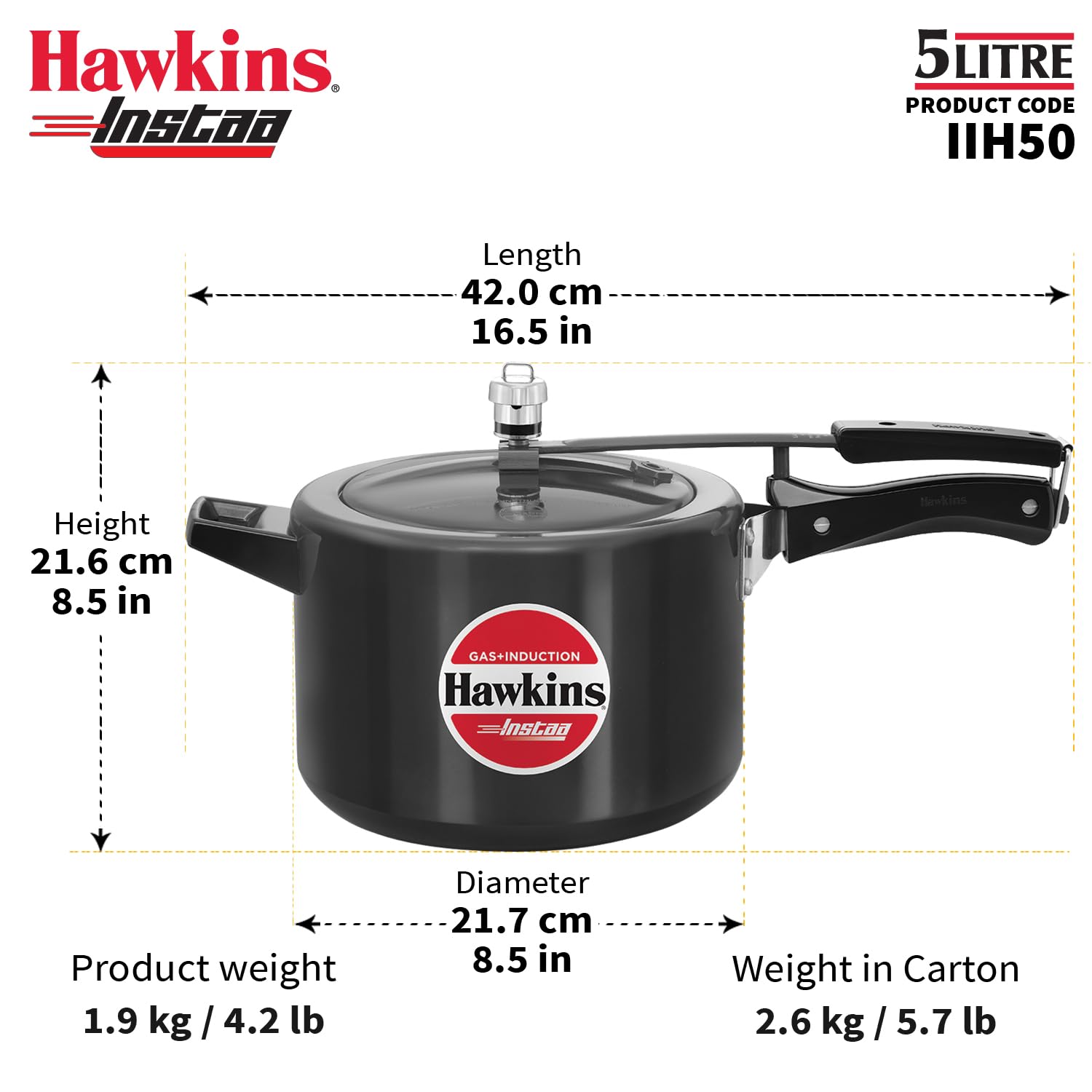 Hawkins 5 Litre Instaa Pressure Cooker, Induction Inner Lid Cooker, Tall Body Hard Anodised Cooker, Black (IIH50)