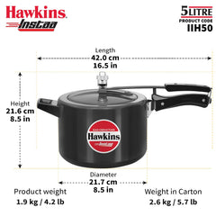Hawkins 5 Litre Instaa Pressure Cooker, Induction Inner Lid Cooker, Tall Body Hard Anodised Cooker, Black (IIH50)