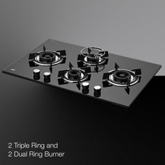 KAFF HBR 784 Built-in Hob/Hobtop 4 Burners, Auto Electric Ignition Glass Top, 78 CM, Powerful Brass Burners, 8 MM Thick Toughened Glass, Enamelled Matt Grills (Black)