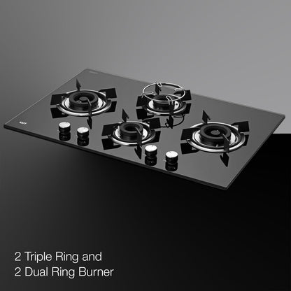 KAFF HBR 784 Built-in Hob/Hobtop 4 Burners, Auto Electric Ignition Glass Top, 78 CM, Powerful Brass Burners, 8 MM Thick Toughened Glass, Enamelled Matt Grills (Black)