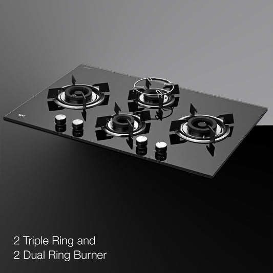 KAFF HBR 784 Built-in Hob/Hobtop 4 Burners, Auto Electric Ignition Glass Top, 78 CM, Powerful Brass Burners, 8 MM Thick Toughened Glass, Enamelled Matt Grills (Black)