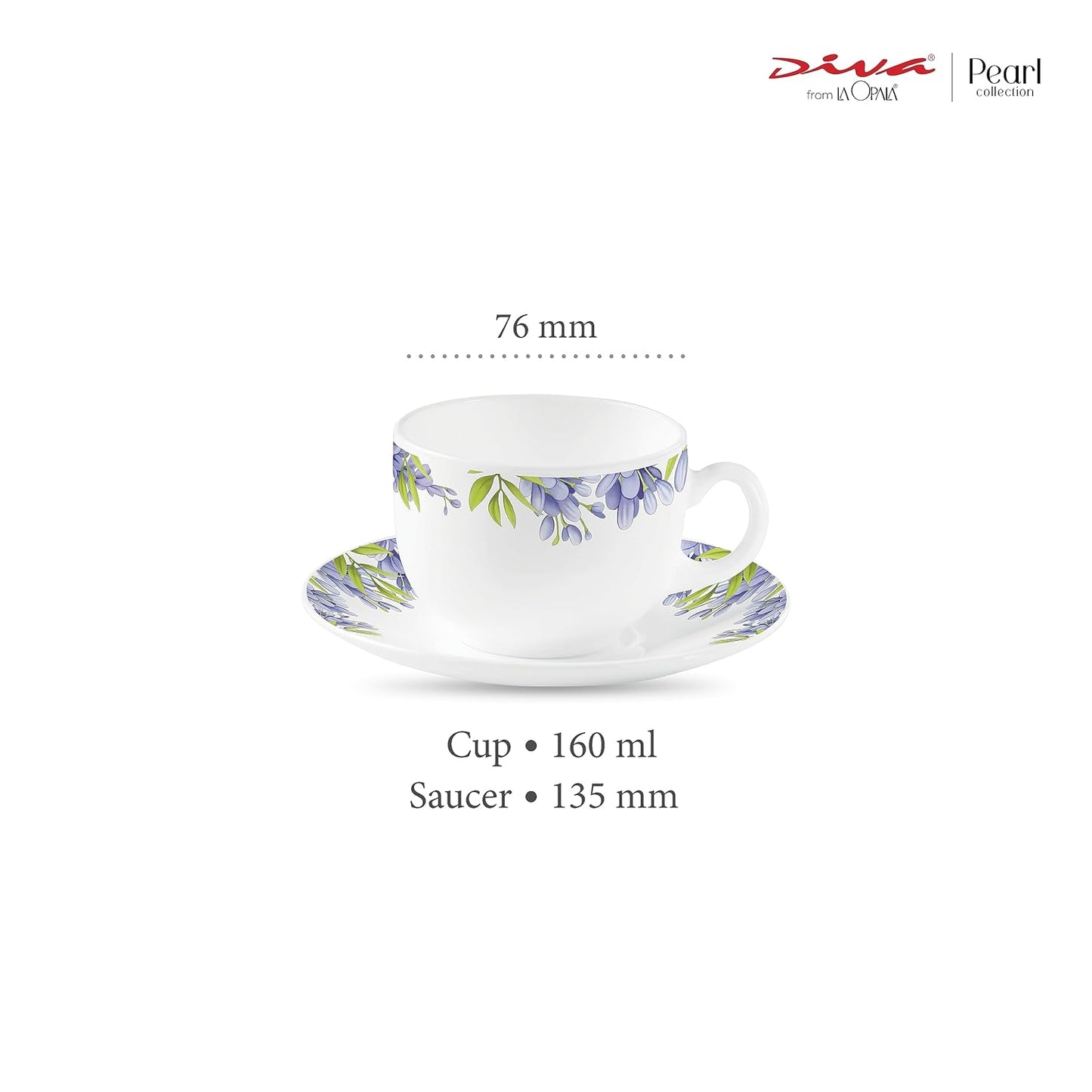 La Opala Diva, Pearl Collection Opal Glass Crockery | Cup & Saucer, Set of 12 | Lively Hues, 160 ml | for Tea & Coffee | Microwave Safe | 100% Vegetarian | Extra Strong | Super Light | Super White