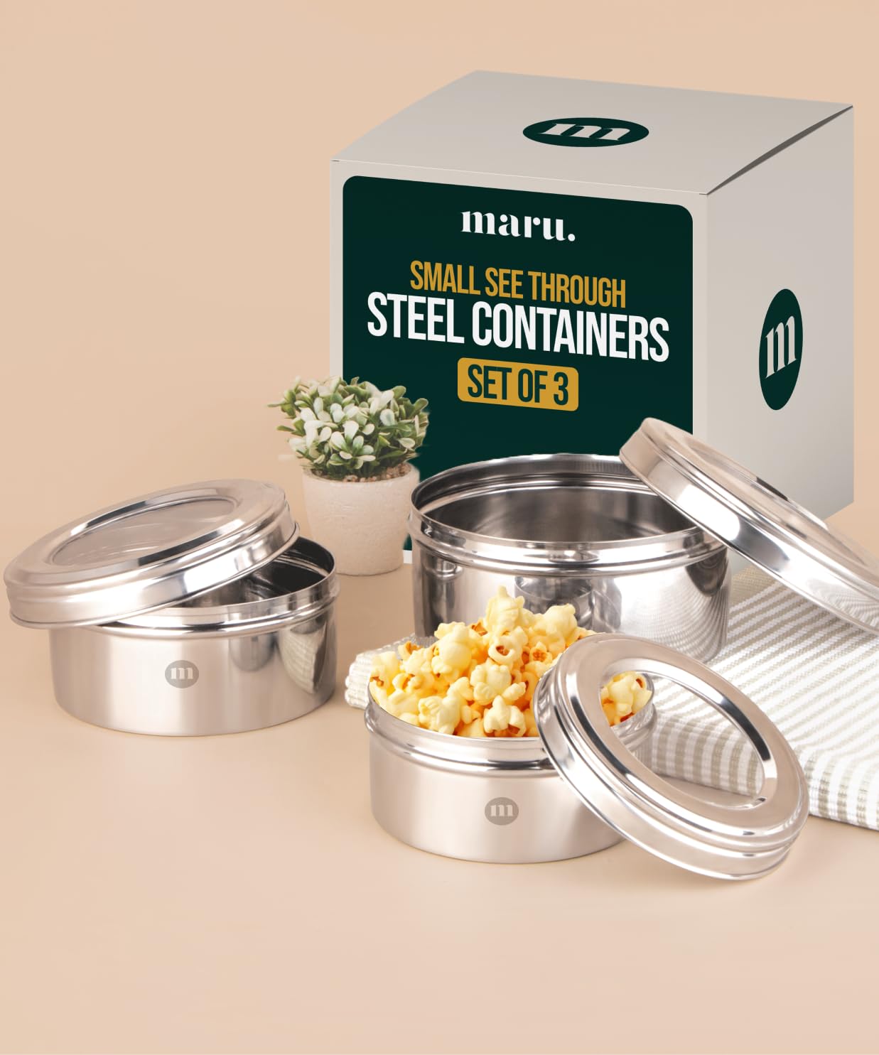 MARU Fridge Storage Containers Stainless Steel set of 4 ((250ml, 450ml, 600ml, 850ml) - Small Round Airtight Food Storage Container, Multipurpose Kitchen Boxes for Leftovers Food, Roti, Chapati & Atta