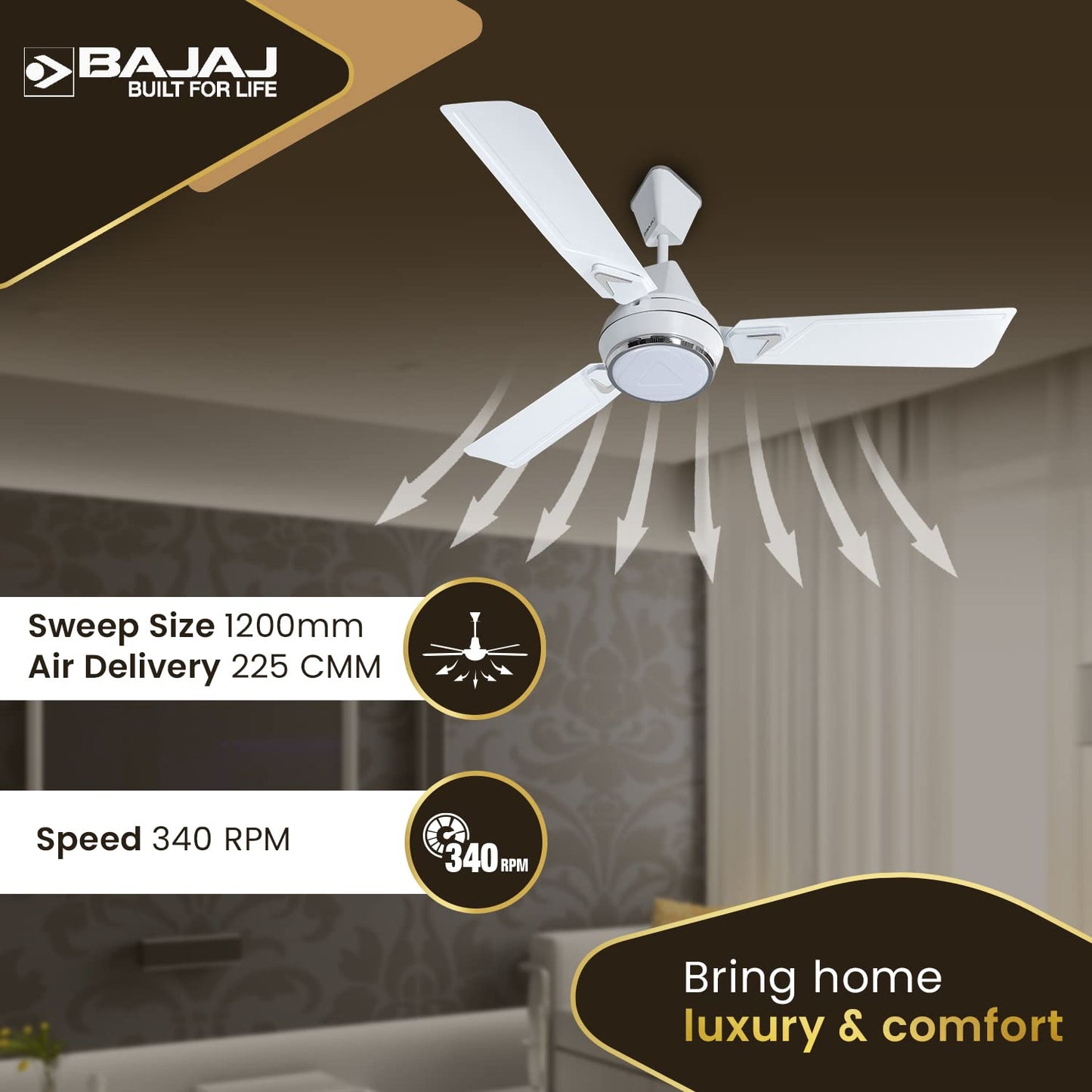 Bajaj Ventus EE 1200MM 1 Star Rated Ceiling Fans For Home | BEE Star Rated Energy Efficient Ceiling Fan | High Air Delivery | 2-Yrs Warranty 【Vanilla White】