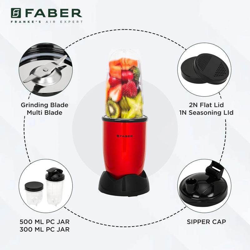 Faber Sportz Blender FSB 3-in-1 Red Velvet|400W|100% Copper Motor|Detachable SS Blade|3 PC Jars 500ML+500ML Mug+300ML|Dr