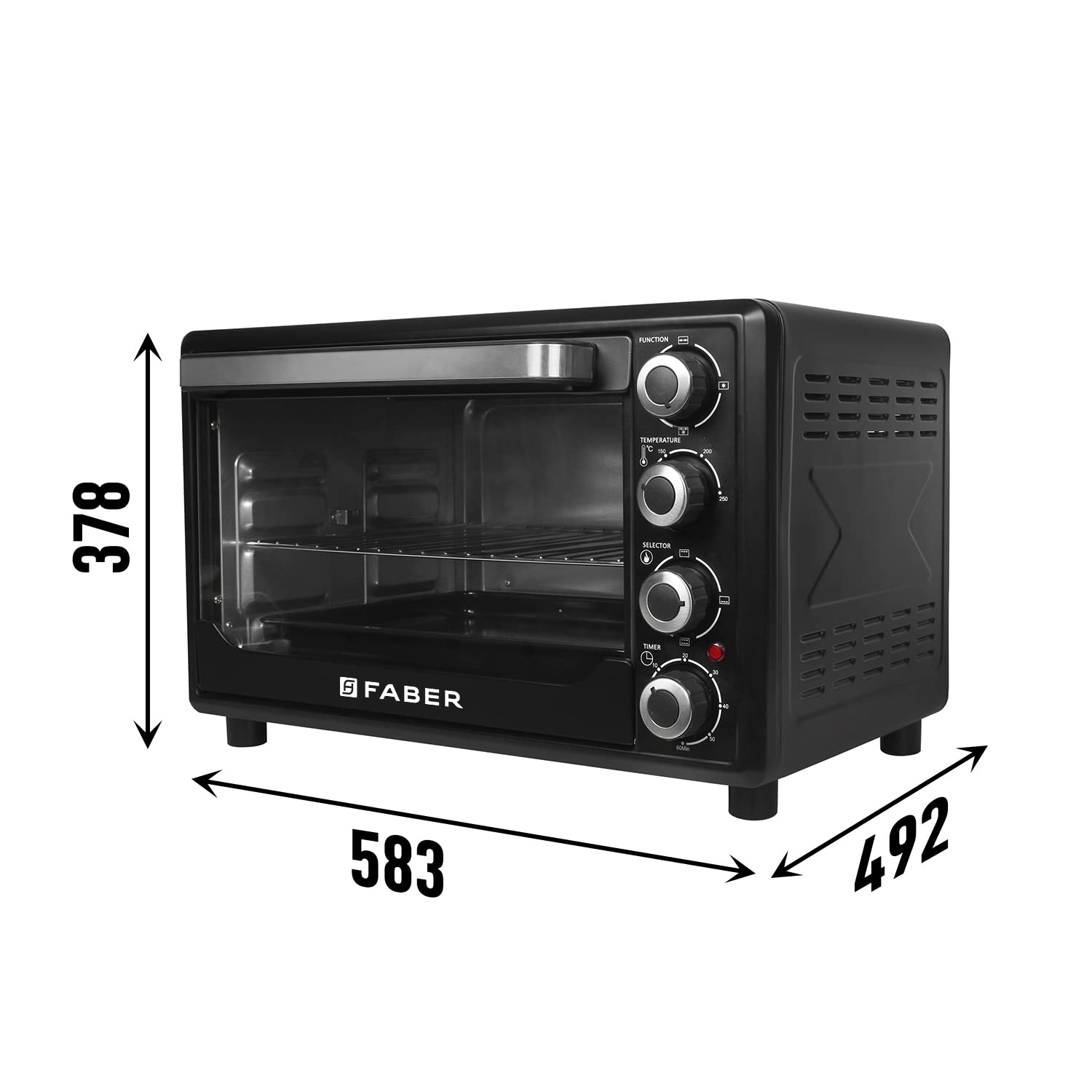 Faber 60L 2200W OTG | Bake, Toast, Roast, Grill | 4 Heating Functions, Upper & Lower Heating, Rottisserie, 360° Convection| Indicator Light, Auto Shut-Off, Ready Bell | Removable Crumb Tray | (Black)
