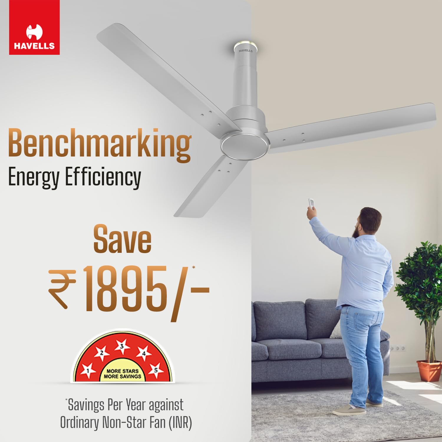 Havells 1200mm Elio BLDC Ceiling Fan | Remote Controlled, High Air Delivery Fan | 5 Star Rated, Upto 60% Energy Saving, 2+1* Year Warranty | (Pack of 1, Grey)