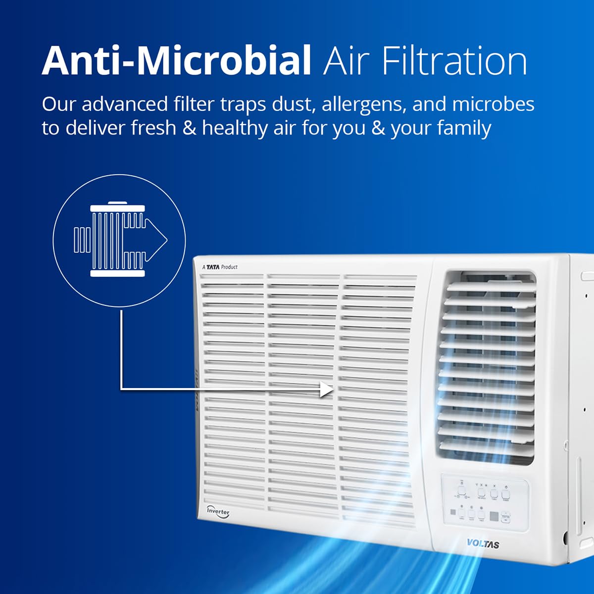 Voltas 185V Vertis Elite A 1.5 Ton 5 Star Inverter Window AC |2-in-1 Adjustable mode| Energy Efficient| Anti dust filter with Anti-Microbial coating | Copper Coil| Sleep Mode | Memory Restart| White