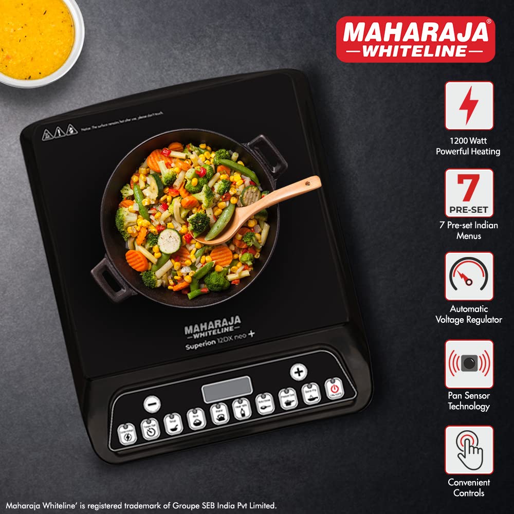 Maharaja Whiteline Superion 12DX Neo Plus Induction Stove with Pan Sensor Technology with 7 Preset Indian Menus - Black, 1200W