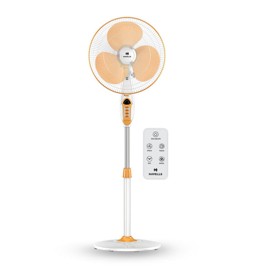 Havells 400mm BLDC Pedestal Fan | Remote Control | Upto 50% Less Power Usage | Sleep & Breeze Mode with Timer | Memory Backup | Jerk Free Oscillation, Smooth Swing Operation | White & Yellow | Sprint