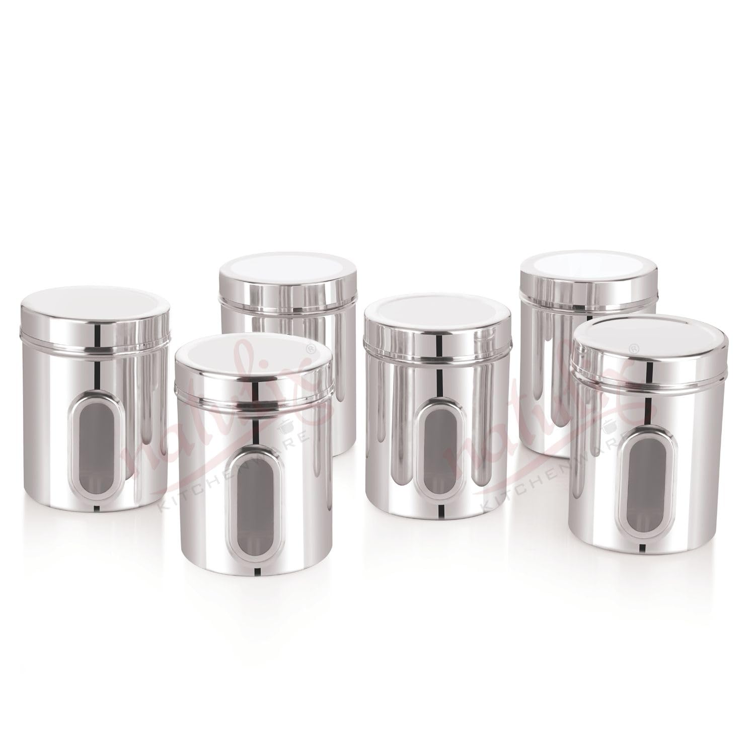 NATULIX 1 Kg Stainless Steel Containers for kitchen with See Through Window | Kitchen Containers Set | Silver | Mirror Finish (1250ml - 6pcs) Food Grains Capacity - 1kg Approx