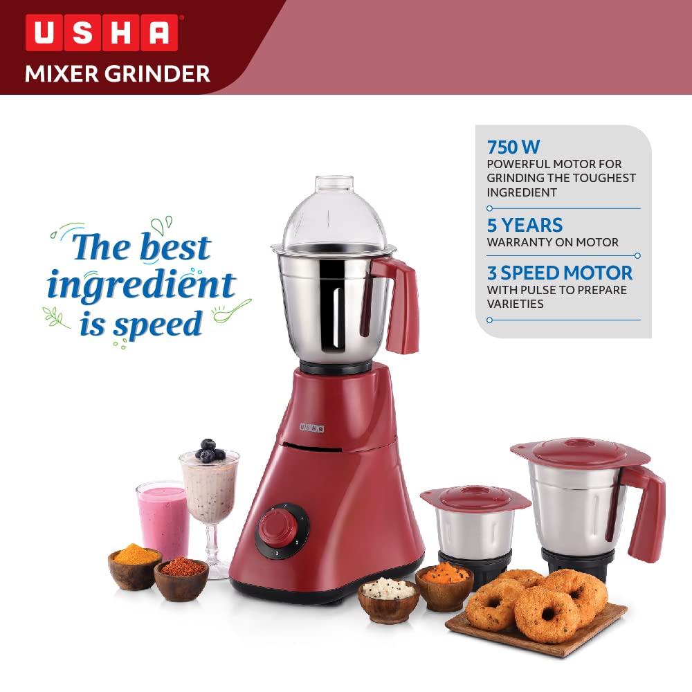 Usha MG 3473 750 W Mixer Grinder with 3 Stainless Steel Jars with Handle, High Speed Motor with 2 years Product Warranty & 5 Years Motor Warranty (Maroon & Black)
