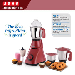 Usha MG 3473 750 W Mixer Grinder with 3 Stainless Steel Jars with Handle, High Speed Motor with 2 years Product Warranty & 5 Years Motor Warranty (Maroon & Black)