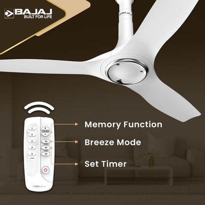 Bajaj Arioso 12DC5R 1200MM Silent Abs BLDC Ceiling Fan For Home | 5 Starrated Energy Efficient | Remote Control | High Air Delivery, Silent Operation | Unique Adjustable Canopy 【White & Chrome】