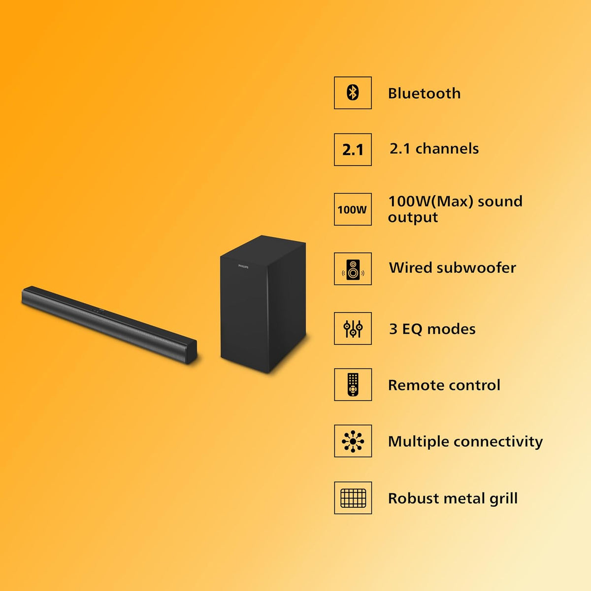 Philips TAB4329 Soundbar: 2.1 Channel 100W Wired Subwoofer, Deep Bass Effect – Bluetooth