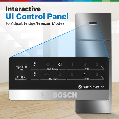 BOSCH MaxFlex Convert 302 L 3 Star Inverter Frost Free Triple Door Refrigerator (CMC33K03NI, 8-in-1 Convertible, UV Protected Body Shield, VitaFresh Technology, Adaptive UI, Sparkly Steel)