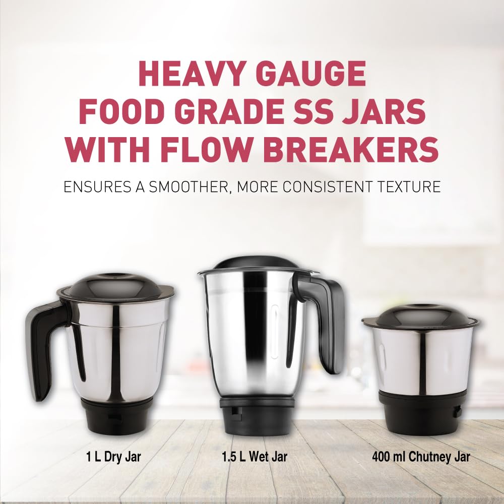 USHA Colt Prime Mixer Grinder| 500W| Powerful 100% Copper Motor| Rust Resistant Stainless Steel Jars & Blades| Uniform Grinding with 3 Jars| 5 Years Motor Warranty