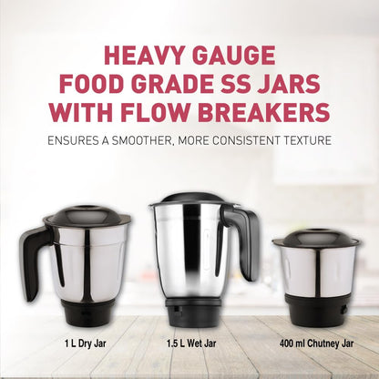 USHA Colt Prime Mixer Grinder| 500W| Powerful 100% Copper Motor| Rust Resistant Stainless Steel Jars & Blades| Uniform Grinding with 3 Jars| 5 Years Motor Warranty