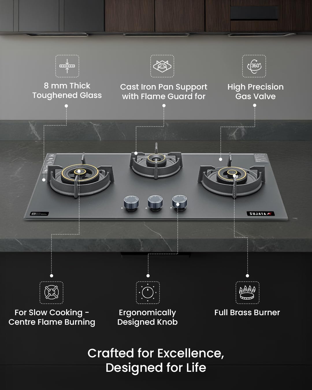 Sujata 3 Burner Gas Stove Glass Top | 5 Years Warranty | Auto Ignition Gas Stove 3 Burner, CookTop cum Hob Top 3 Burners, LPG & PNG Compatible, Brass Burner (Palladium FFD Auto Ignition - Black)