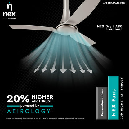 NNEX Dryft A90 1200 mm | BEE star Rated Premium Ceiling Fan | 20% Higher Air Thrust* | Airfluence™ ABS Blades For Low Noise | Adjustable Downrod | 2-Yr Warranty | Free Installation | Slate Gold