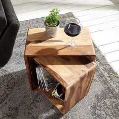 Sheesham Wood Bedside Table for Bedroom, Nested Cube - Set of 2 | Durable and Sturdy End Table | Home Decor Cof