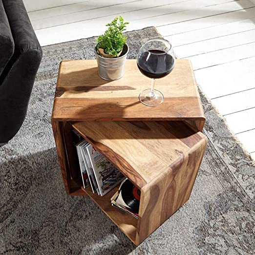 Sheesham Wood Bedside Table for Bedroom, Nested Cube - Set of 2 | Durable and Sturdy End Table | Home Decor Cof