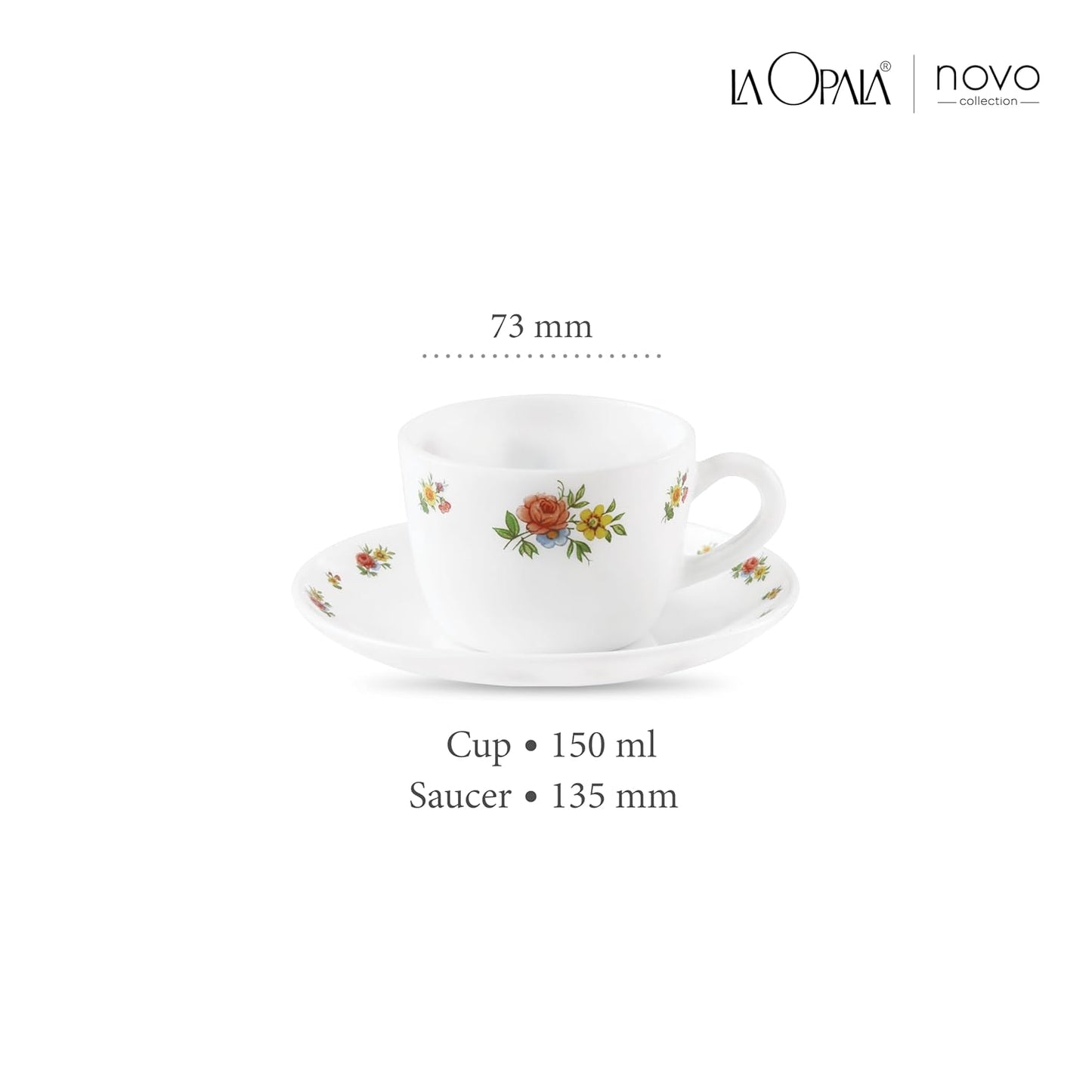 La Opala, Novo Collection Opal Glass Crockery | Cup & Saucer Princess, Set of 12 | Petite Roses, 150 ml | for Tea & Coffee | Microwave Safe | 100% Vegetarian | Extra Strong | Super Light | Super White
