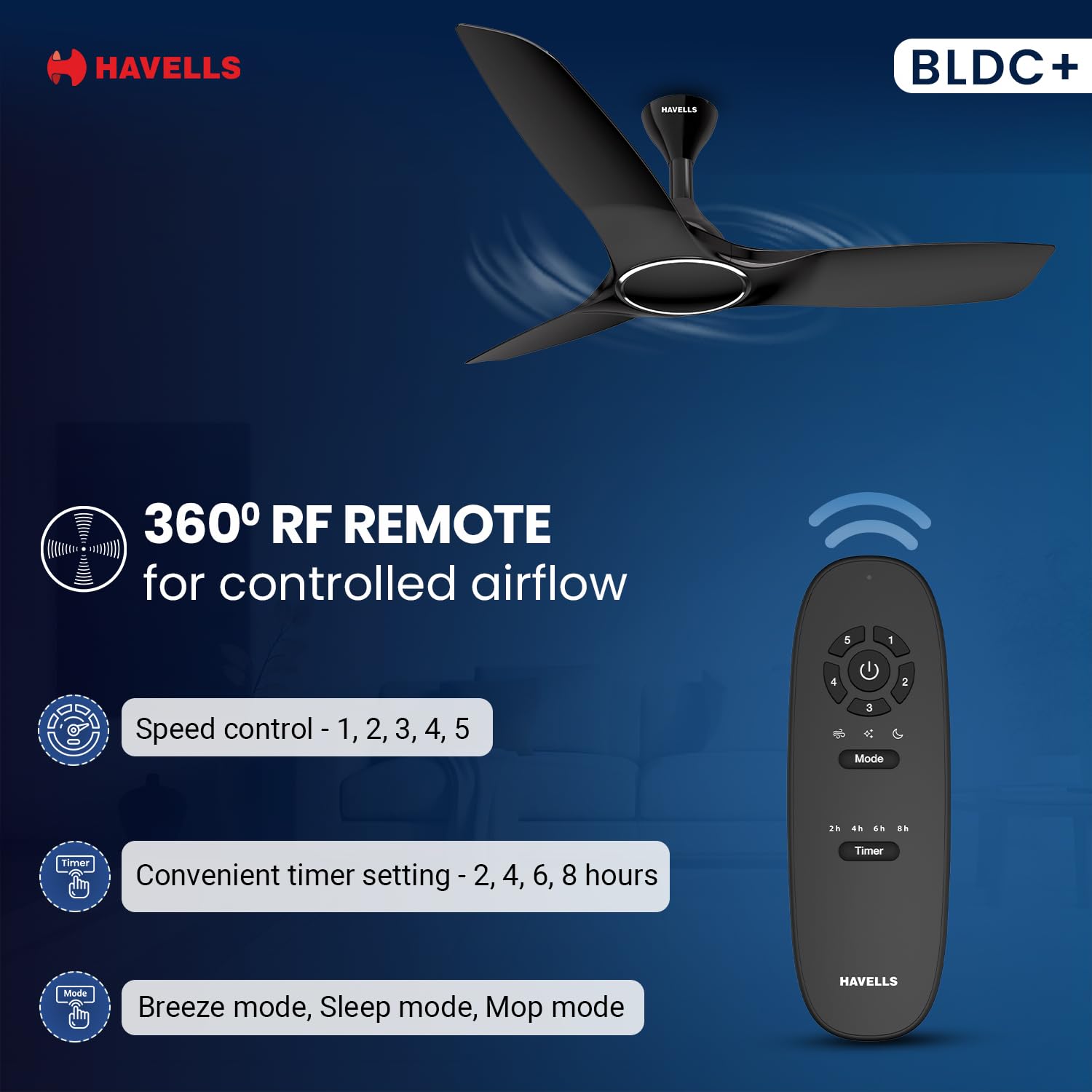 Havells 1200mm Stealth BLDC Ceiling Fan | Voice Controlled, Remote Controlled, High Air Delivery Fan, 5 Star Rated | Upto 60% Energy Saving, 2 Year Warranty | (Pack of 1, Mettalic Black)