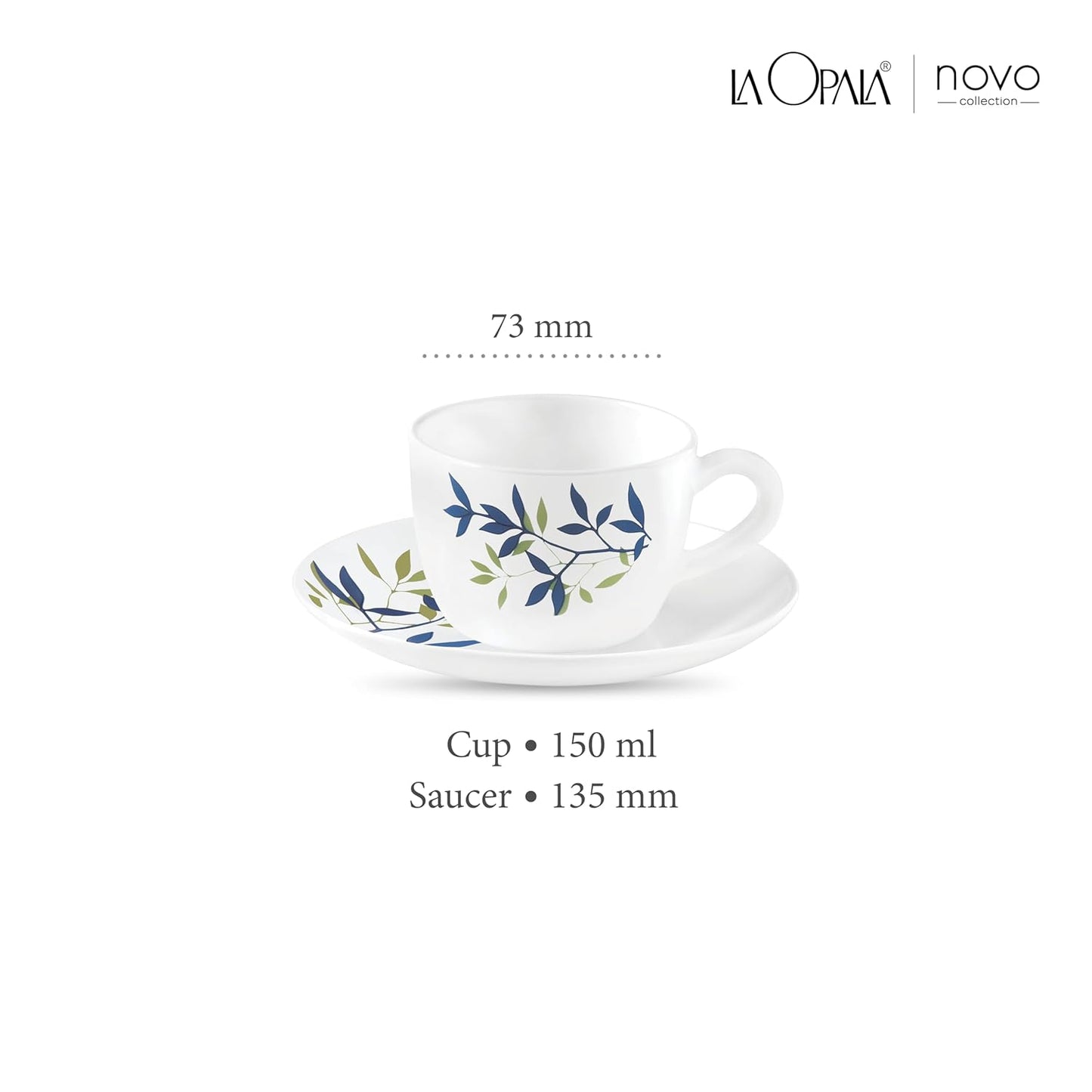 La Opala, Novo Collection Opal Glass Crockery | Cup & Saucer Princess, Set of 12 | Silken Charm, 150 ml | for Tea & Coffee | Microwave Safe | 100% Vegetarian | Extra Strong | Super Light | Super White