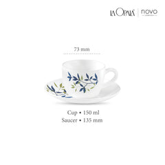 La Opala, Novo Collection Opal Glass Crockery | Cup & Saucer Princess, Set of 12 | Silken Charm, 150 ml | for Tea & Coffee | Microwave Safe | 100% Vegetarian | Extra Strong | Super Light | Super White