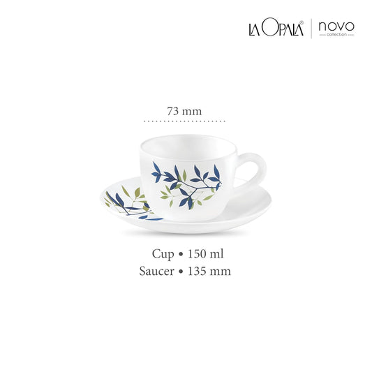 La Opala, Novo Collection Opal Glass Crockery | Cup & Saucer Princess, Set of 12 | Silken Charm, 150 ml | for Tea & Coffee | Microwave Safe | 100% Vegetarian | Extra Strong | Super Light | Super White