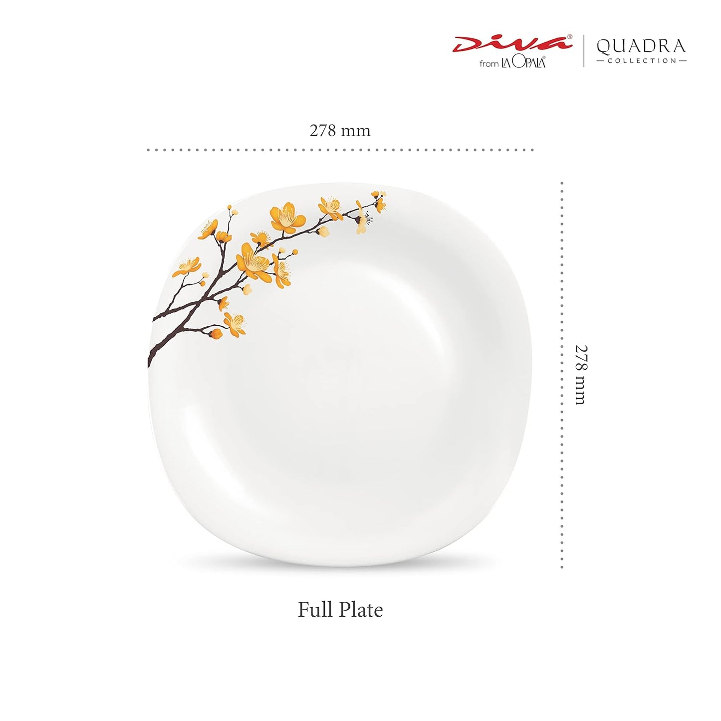 La Opala Diva Quadra Collection Opal Glass Crockery | Full Plate Set of 6 Summertide | Square Dinner Plate for Dining & Gifting | Microwave Safe | 100% Vegetarian | Extra Strong | Light & White
