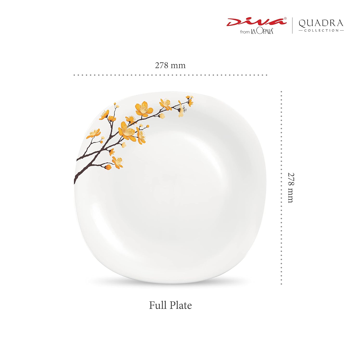 La Opala Diva Quadra Collection Opal Glass Crockery | Full Plate Set of 6 Summertide | Square Dinner Plate for Dining & Gifting | Microwave Safe | 100% Vegetarian | Extra Strong | Light & White