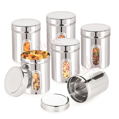 NATULIX 1 Kg Stainless Steel Containers for kitchen with See Through Window | Kitchen Containers Set | Silver | Mirror Finish (1250ml - 6pcs) Food Grains Capacity - 1kg Approx