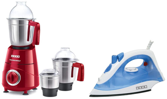 USHA Thunderbolt 800-Watt Copper Motor Mixer Grinder with 3 Jars and 5 Years Motor Warranty(Red) & Usha Steam Pro SI 3713, 1300 W Steam Iron, Powerful steam Output up to 18 g/min (White & Blue)
