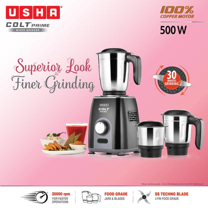 USHA Colt Prime Mixer Grinder| 500W| Powerful 100% Copper Motor| Rust Resistant Stainless Steel Jars & Blades| Uniform Grinding with 3 Jars| 5 Years Motor Warranty