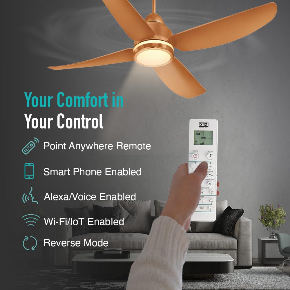 KUHL Luxus C4 1200mm Stylish 65% Power Saving BLDC Ceiling Fan with Remote | Night & Down Light | 29W | BEE 5 Star | Low Noise | IoT Operate via Mobile & Alexa|Reverse Mode|Free Installation | Copper
